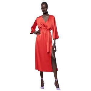 Zara Red Knotted Satin Like Midi Dress Women’s Size XL